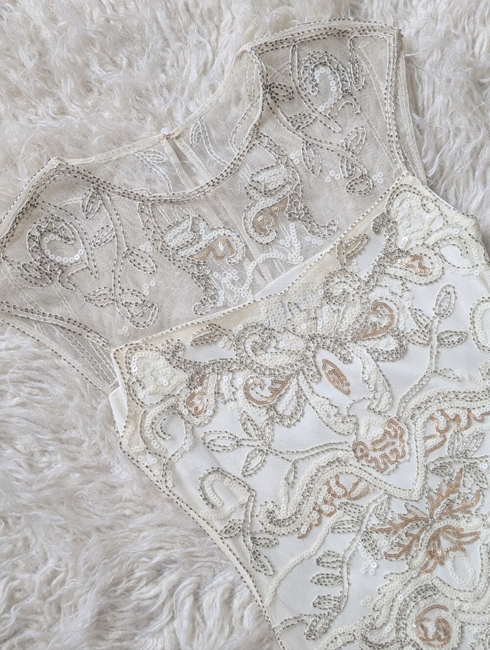 Embellished Pastel Ivory Cocktail Dress w/ Sequins and Beaded Mesh